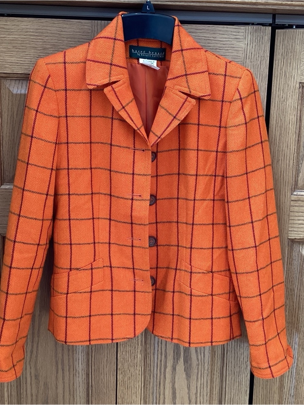 Harve Bernard vintage wool vibrant orange plaid button down blazer jacket.